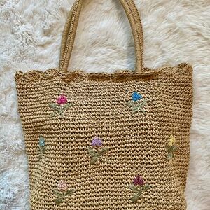 Charter Club Tan Straw Woven Tote with Floral Embroidery
